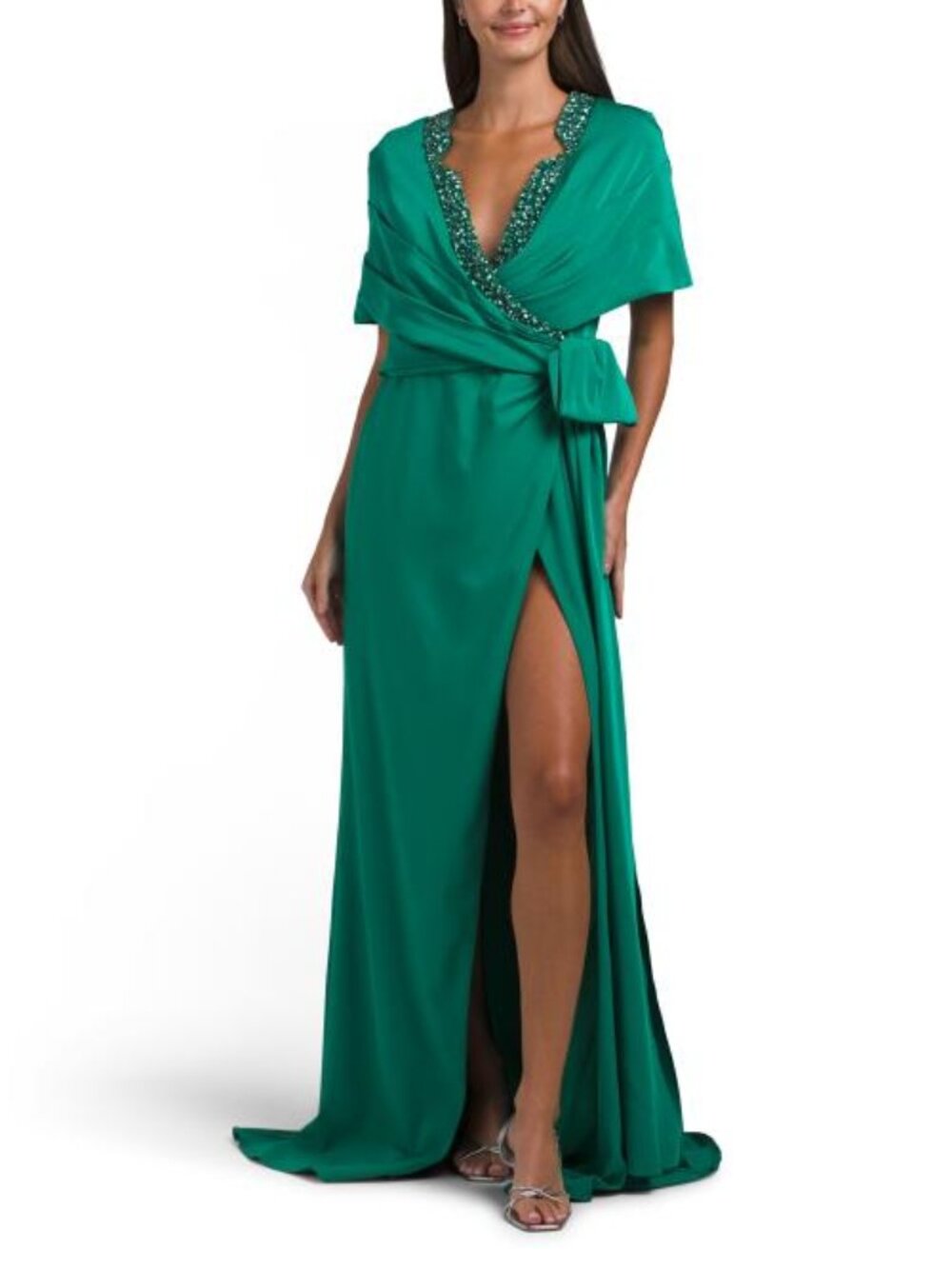 TERANI COUTURE Drop Knot Waist Gown With Beaded Neckline